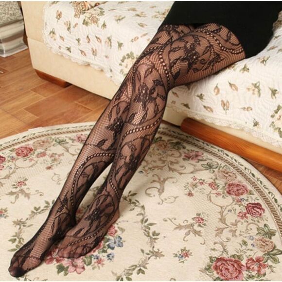 Black lace fishnets tights stockings pantyhose - Picture 1 of 7